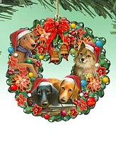 Designocracy Christmas Friends Puppy Wreath Holiday Ornaments, Set of 2