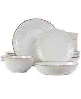 Elama Josefina Embossed 16 Piece Double Bowl Stoneware Dinnerware Set, Service for 4