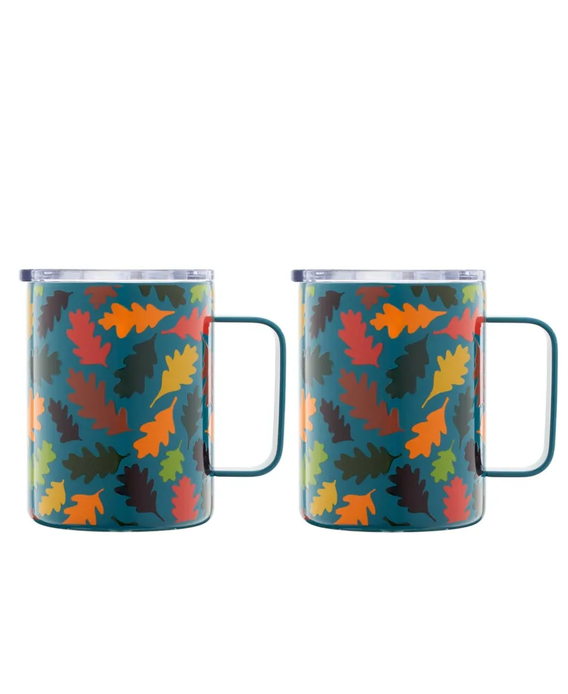 Cambridge Teal Falling Leaves Insulated Coffee Mugs, Set of 2