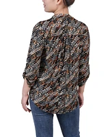 Ny Collection Petite 3/4 Roll Tab Sleeve Printed Pintuck Top