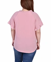 Ny Collection Plus Size Short Ruffled Sleeve Crepe Knit Top with Chiffon Sleeves