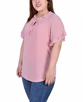 Ny Collection Plus Size Short Ruffled Sleeve Crepe Knit Top with Chiffon Sleeves