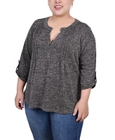 Ny Collection Plus Size 3/4 Roll Tab Sleeve Y Neck Top