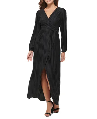 Guess Women's Pleated Woven Faux-Wrap V-Neck Maxi Dress