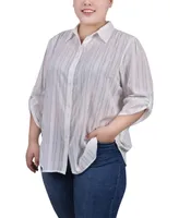 Ny Collection Plus 3/4 Roll Tab Sleeve Cotton Blouse