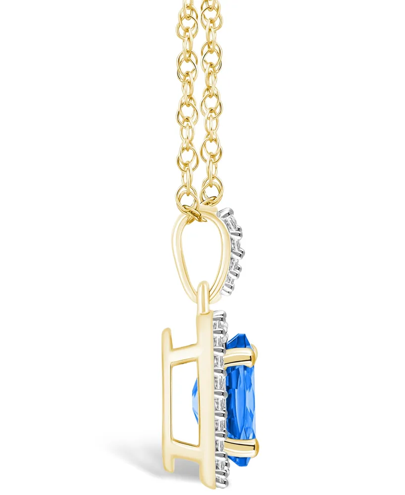 Macy's Lab Grown Sapphire (1-1/2 ct. t.w.) and Lab Grown White Sapphire (1/6 ct. t.w.) Halo Pendant Necklace in 10K Yellow Gold