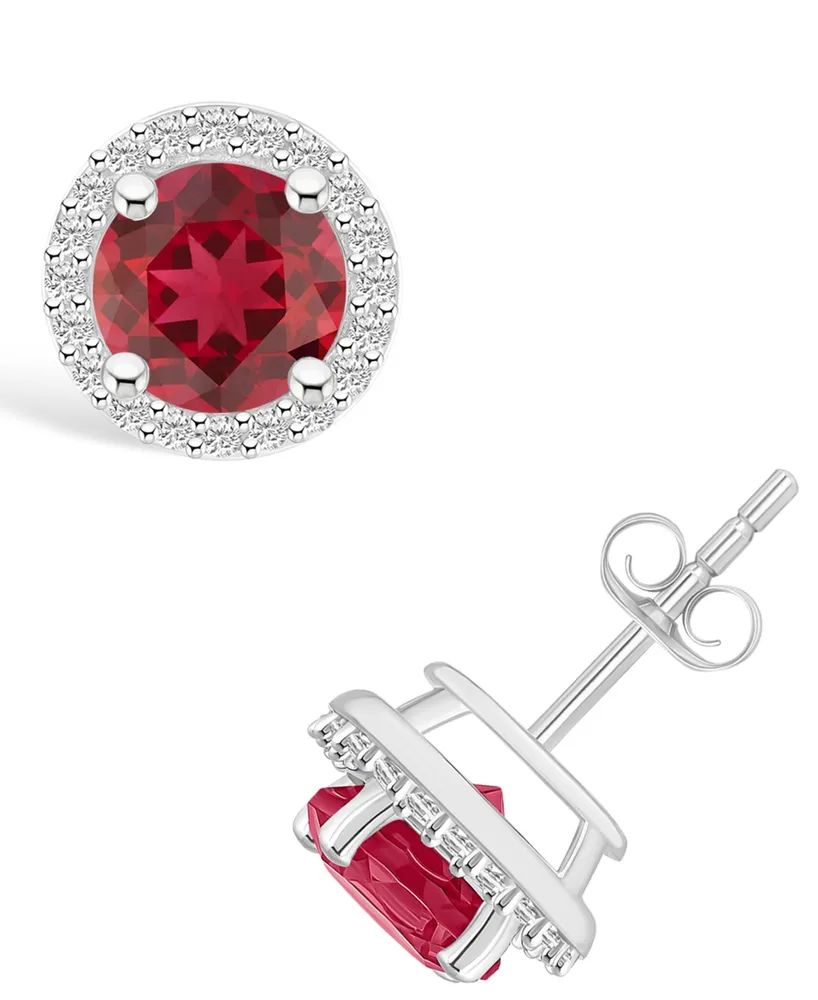 Lab Grown Ruby (2 ct. t.w.) and Lab Grown Sapphire (1/5 ct. t.w.) Halo Studs in 10K White Gold