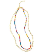 Adornia Multi Color Bead and Paper Clip Chain Double Necklace