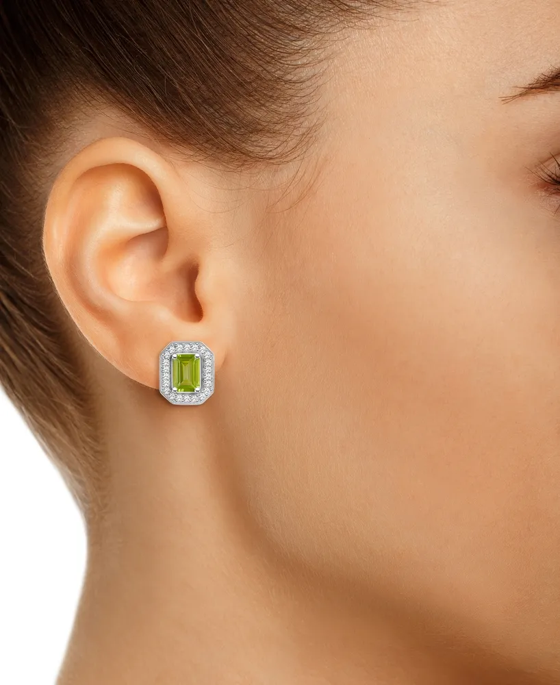Macy's Peridot (1-2/5 ct. t.w.) and Diamond (1/5 ct. t.w.) Halo Studs in Sterling Silver