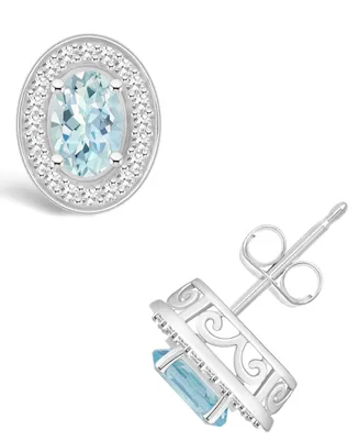 Macy's Aquamarine (7/8 ct. t.w.) and Diamond (1/5 ct. t.w.) Halo Studs in Sterling Silver