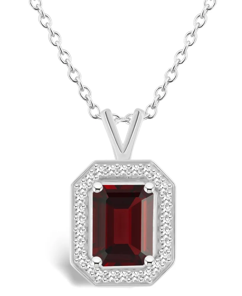 Macy's Garnet (1-9/10 ct. t.w.) and Diamond (1/7 ct. t.w.) Halo Pendant Necklace in Sterling Silver