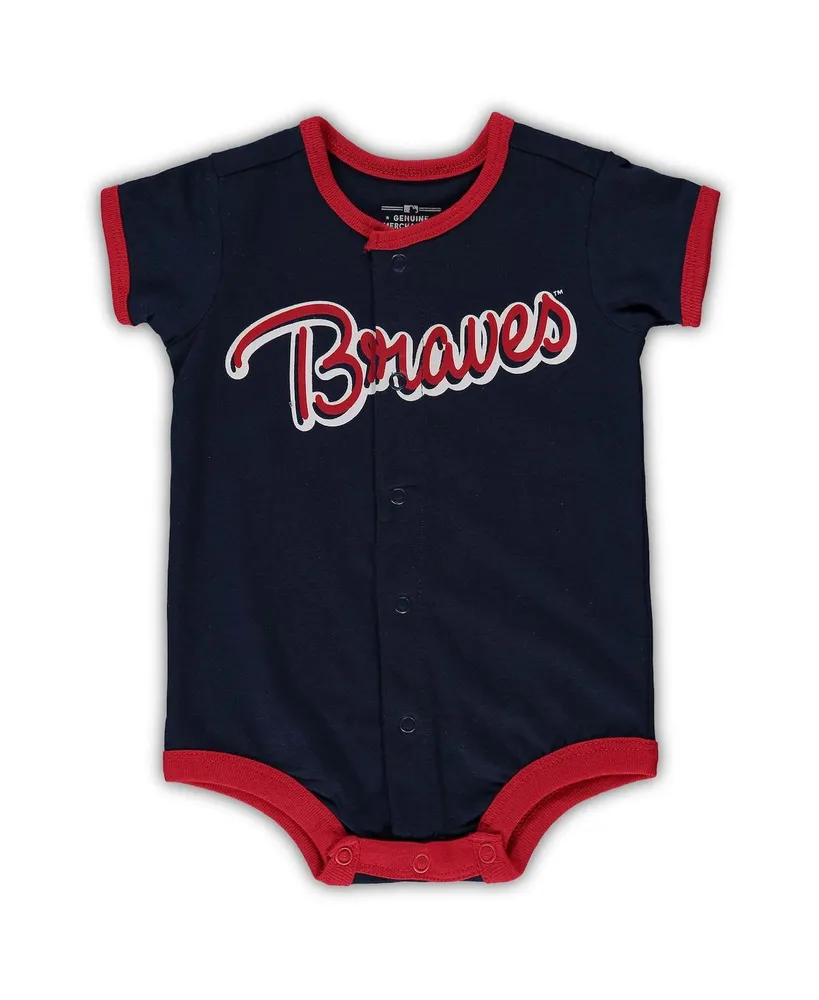 Newborn and Infant Boys Girls Navy Atlanta Braves Stripe Power Hitter Romper