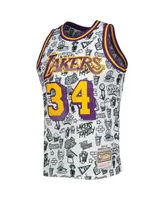 Men's Mitchell & Ness Shaquille O'Neal White Los Angeles Lakers 1996-97 Hardwood Classics Doodle Swingman Jersey