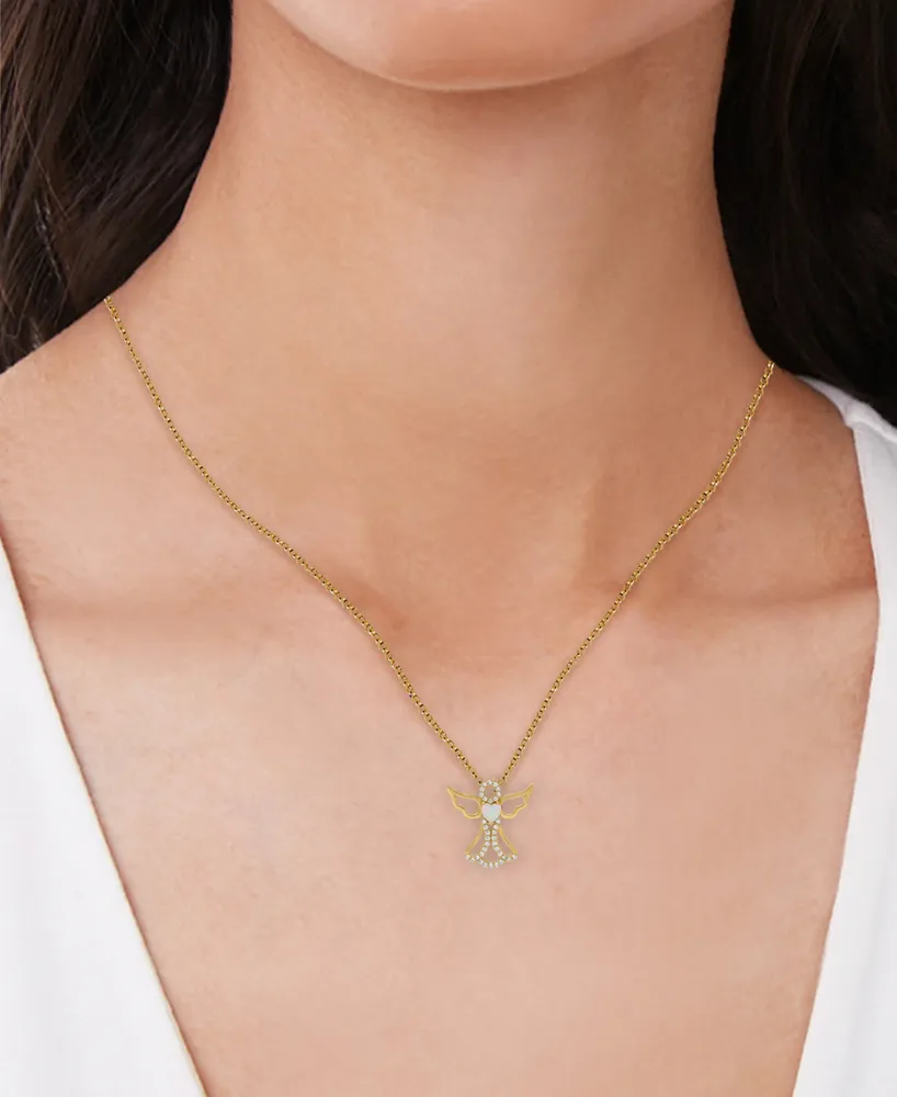 Lab-grown Opal (1/6 ct. t.w.) & Cubic Zirconia Heart Angel 18" Pendant Necklace in 14k Gold-Plated Sterling Silver