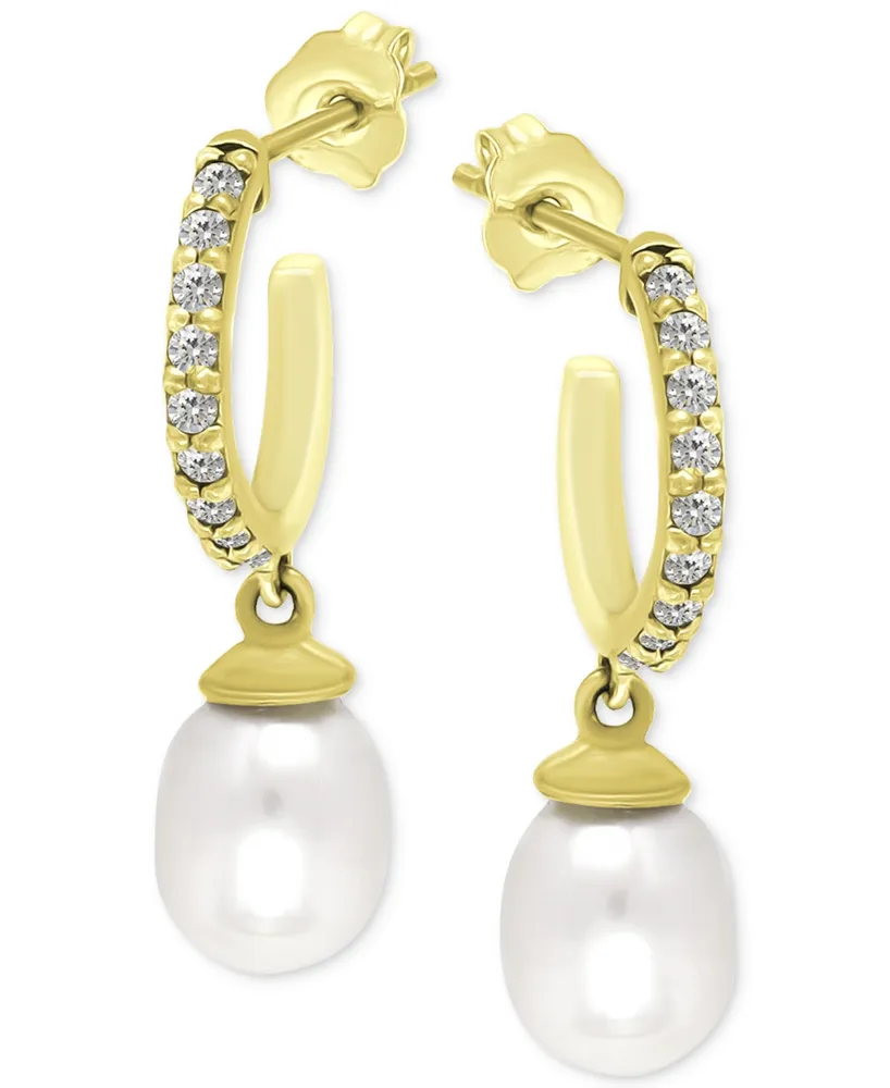 Giani Bernini Freshwater Pearl (8 x 6mm) & Cubic Zirconia Dangle Hoop Earrings, Created for Macy's