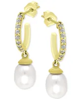 Giani Bernini Freshwater Pearl (8 x 6mm) & Cubic Zirconia Dangle Hoop Earrings, Created for Macy's