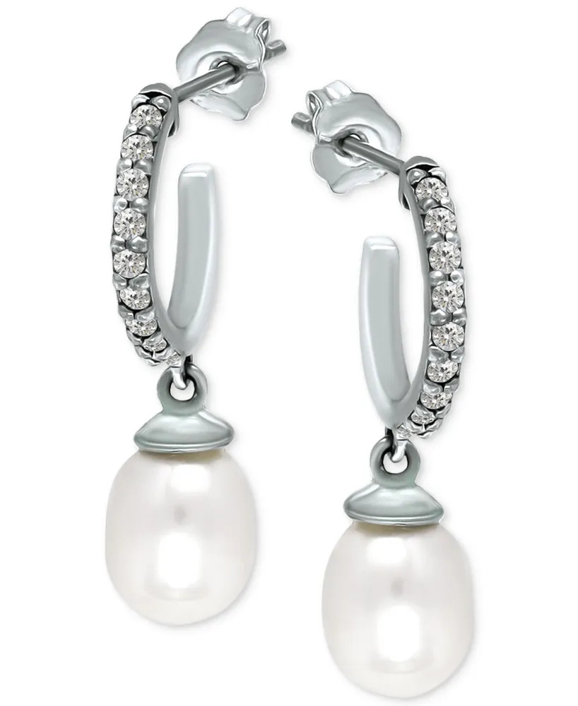 Giani Bernini Freshwater Pearl (8 x 6mm) & Cubic Zirconia Dangle Hoop Earrings, Created for Macy's