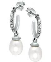 Giani Bernini Freshwater Pearl (8 x 6mm) & Cubic Zirconia Dangle Hoop Earrings, Created for Macy's