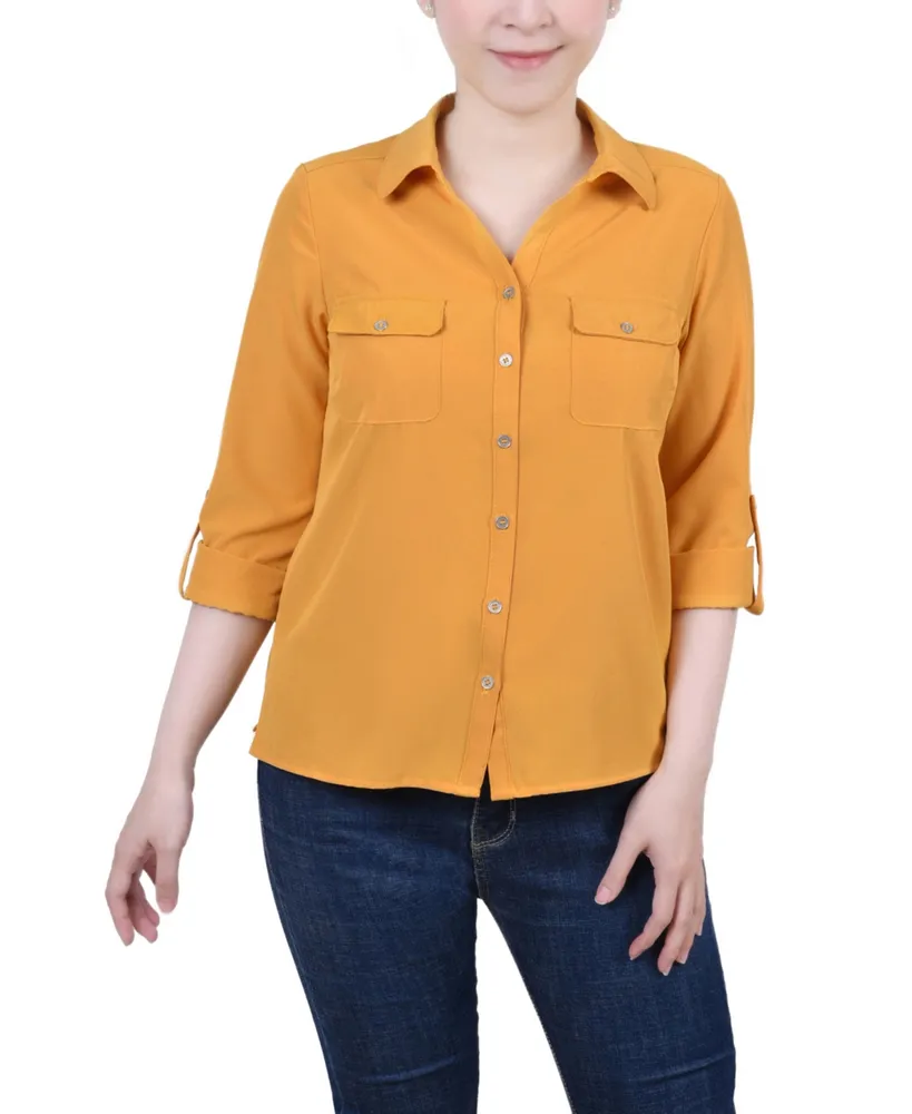 Ny Collection Women's 3/4 Roll Tab Blouse with Pockets