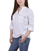 Ny Collection Women's 3/4 Roll Tab Hi Low Y-neck Top