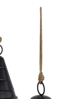 Rosemary Lane Black Metal Bohemian Decorative Cow Bell with Jute Hanging Rope Set 3 Pieces