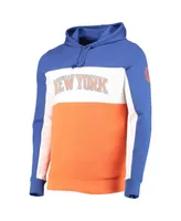 Men's Junk Food Blue, White New York Knicks Wordmark Colorblock Fleece Pullover Hoodie