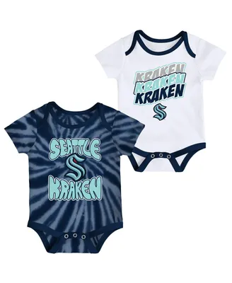 Newborn and Infant Boys Girls Deep Sea Blue, White Seattle Kraken Monterey Tie-Dye Two-Pack Bodysuit Set