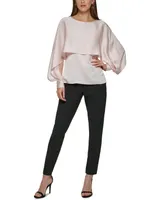 Dkny Petite Solid Crewneck Smocked-Cuff Cape Blouse, Created for Macy's