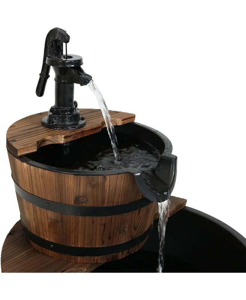 Sunnydaze Decor Wooden Bowl/Barrel Water Fountain with Hand Pump/Liner - 23 in