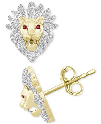 Men's Diamond (1/2 ct. t.w.) & Ruby Accent Lion Head Stud Earrings in 10k Gold