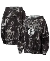 Women's Majestic Threads Black Brooklyn Nets Burble Tie-Dye Tri-Blend Pullover Hoodie