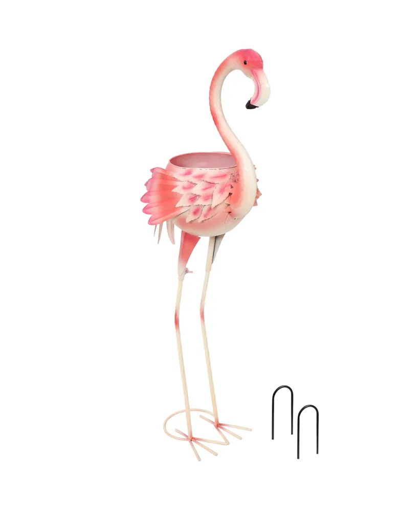 Sunnydaze Decor Iron Sheet Pink Flamingo Outdoor Statue with Flowerpot - 36 in