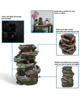 Stone Falls 15-Inch 6-Tier Tabletop Water Fountain with Led Lights - Electric Submersible Pump - Polyresin