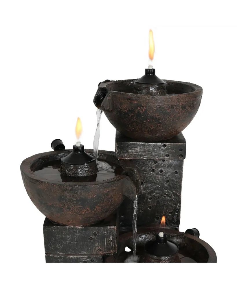 Sunnydaze Decor 3-Tier Polyresin Burning Bowls Fire and Water Fountain - 34 in