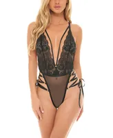 Oh La Cheri Women's Sloane Soft Cup Deep Plunge Teddy with Lace Up Ribbon Detailing