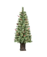 Puleo Pre-Lit Potted Natural Pine Artificial Christmas Tree with 70 Lights, 4.5'