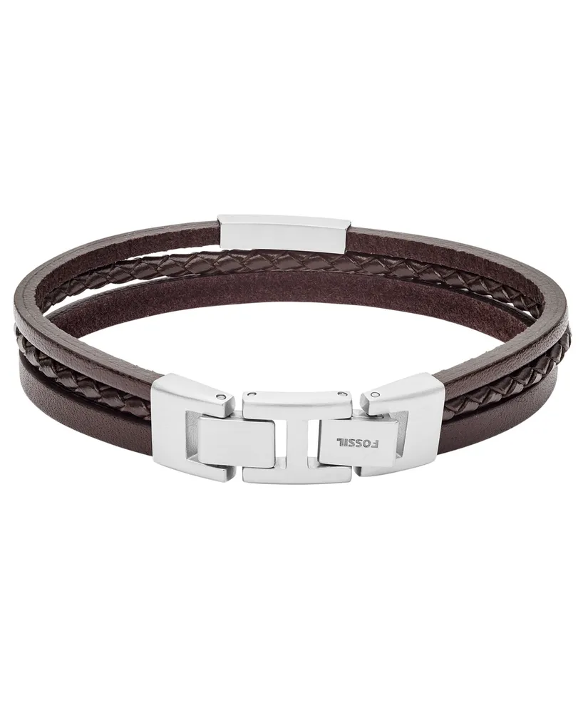 Fossil Men's Multi-Strand Silver-Tone Steel and Brown Leather Bracelet