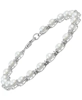 Arabella Cultured Freshwater Button Pearl (4 - 4-1/2mm) & Cubic Zirconia Link Bracelet in Sterling Silver