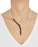 Cultured Freshwater Button Pearl (5-6mm) & Onyx Marquise 18" Lariat Necklace in Sterling Silver