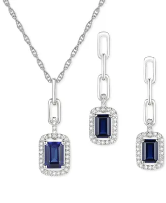 2-Pc. Set Lab-Grown Sapphire (2-1/2 ct. t.w.) & Lab-Grown White Sapphire (3/8 ct. t.w.) Halo Pendant Necklace & Drop Earrings in Sterling Silver