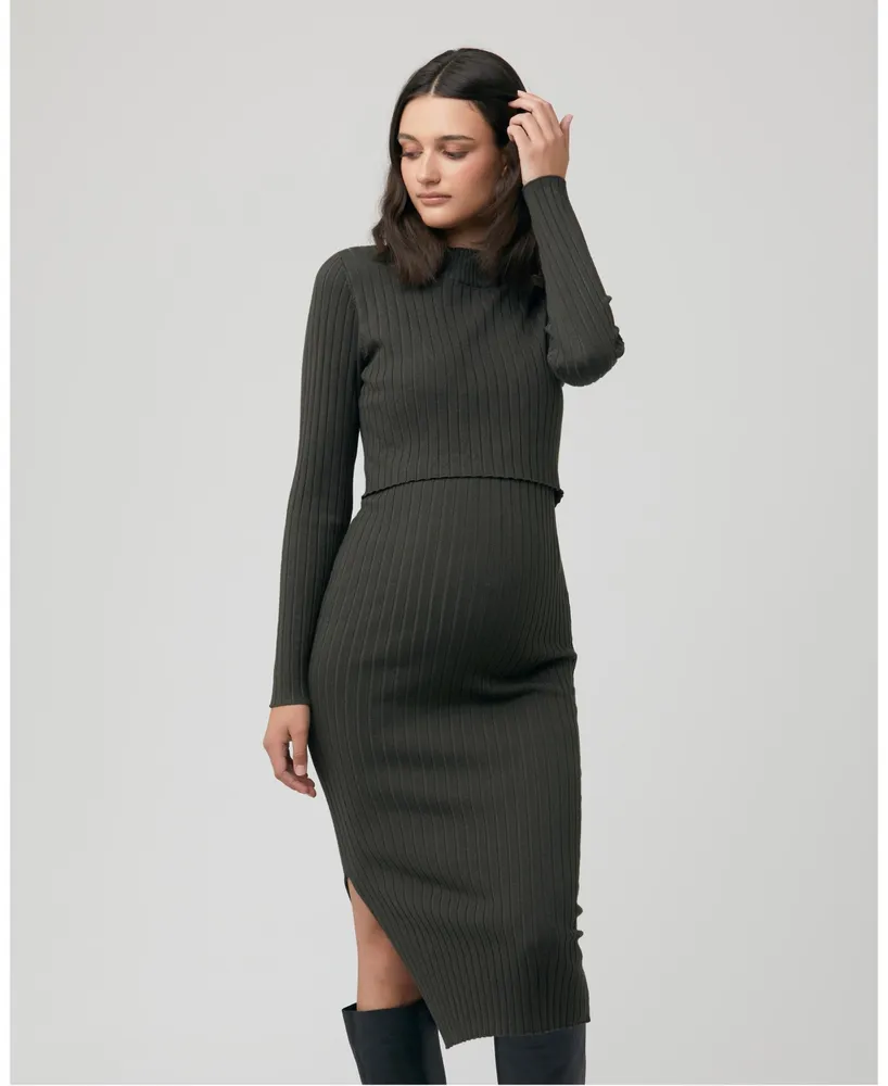 Ribbed Knit Maternity Full Sleeve Maxi Dress – Black