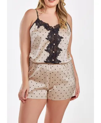 iCollection Kareen Plus Dotted Satin Romper with Button Down Lace Overlay