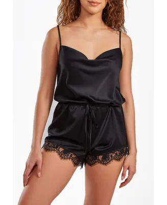 iCollection Women's Jeanie Satin Romper with Front Drape and Floral Eyelash Lace Trim