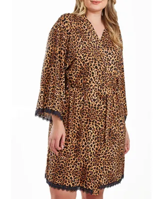 iCollection Chiya Plus Leopard Robe with Self Tie Sash and Lace Trimed Hemlines