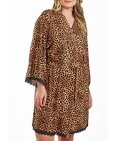 iCollection Chiya Plus Leopard Robe with Self Tie Sash and Lace Trimed Hemlines