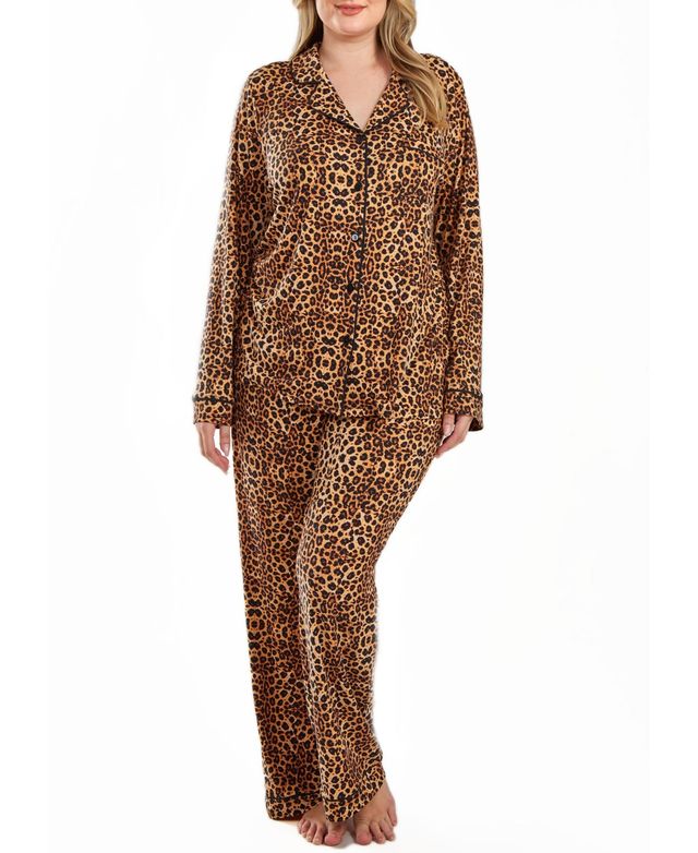 iCollection Chiya Plus Modal Leopard Pajama Pant Set with Button Down Collar, 2 Piece