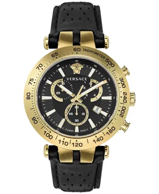 Versace Men's Swiss Chronograph Bold Black Perforated Leather Strap Watch 46mm