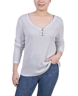 Ny Collection Petite Long Sleeve Ribbed Henley Top
