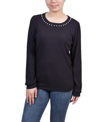 Ny Collection Petite Long Sleeve Ribbed Imitation Pearl Trimmed Top