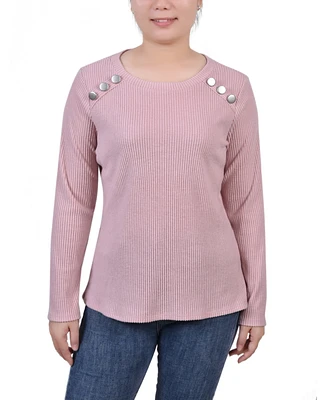 Ny Collection Petite Long Sleeve Ribbed Button Detail Top